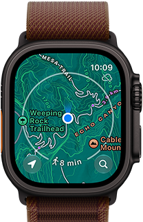 Apple Watch Ultra 4, titanium case, black colour, satellite connection, right side exterior, Digital Crown, raised side button, Alpine Loop strap, burgundy colour