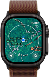 Apple Watch Ultra 4, titanium case, black colour, satellite connection, right side exterior, Digital Crown, raised side button, Alpine Loop strap, burgundy colour