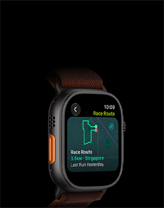 Apple Watch Ultra 4, titanium case, black colour, Race Route feature with a map of a running route, left side exterior, Action button, Alpine Loop strap, burgundy colour