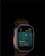 Apple Watch Ultra 4, titanium case, black colour, Race Route feature with a map of a running route, left side exterior, Action button, Alpine Loop strap, burgundy colour