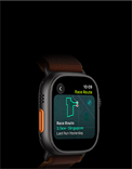 Apple Watch Ultra 4, titanium case, black colour, Race Route feature with a map of a running route, left side exterior, Action button, Alpine Loop strap, burgundy colour