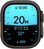 Apple Watch Ultra 4, titanium case, black colour, Depth app showing diving metrics, right side exterior, Digital Crown, raised side button
