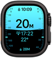 Apple Watch Ultra 4, titanium case, black colour, Depth app showing diving metrics, right side exterior, Digital Crown, raised side button