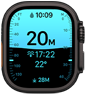 Apple Watch Ultra 4, titanium case, black colour, Depth app showing diving metrics, right side exterior, Digital Crown, raised side button