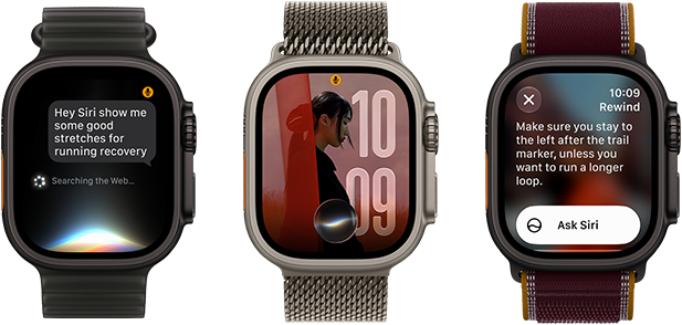 Three Apple Watch Ultra 4 devices, one with black titanium case, Siri AI conversation, translucent black Ocean Band, one with natural titanium case, personalised photo on watch face with Siri AI complication, natural titanium Milanese Loop strap and one with black titanium case, Siri Recap, burgundy Trail Loop strap