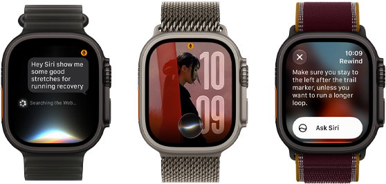 Three Apple Watch Ultra 4 devices, one with black titanium case, Siri AI conversation, translucent black Ocean Band, one with natural titanium case, personalised photo on watch face with Siri AI complication, natural titanium Milanese Loop band and one with black titanium case, Siri Recap, burgundy Trail Loop strap