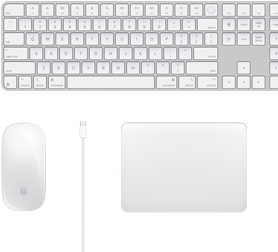 Desktop-view of Magic Mouse, USB-C cable, Magic Trackpad and numeric Magic Keyboard accessories