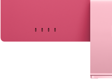 Back of pink iMac ports, with four Thunderbolt ports, Wi-Fi 6E and Bluetooth features