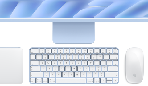 Magic Keyboard with Touch ID, blue color, Magic Trackpad, and Magic Mouse