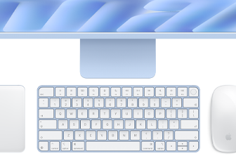 Magic Keyboard with Touch ID, blue color, Magic Trackpad, and Magic Mouse