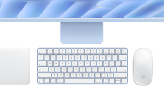 Magic Keyboard with Touch ID, blue color, Magic Trackpad, and Magic Mouse