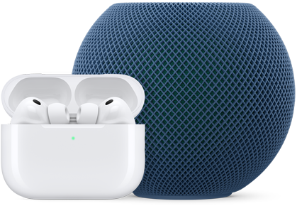 AirPods Pro in open charging case, white color, and HomePod mini, blue color