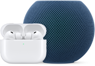 AirPods Pro in open charging case, white color, and HomePod mini, blue color