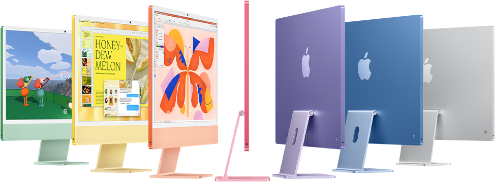 Seven iMac models in colors green, yellow, orange, pink, purple, blue, and silver, unfolding into an accordion arrangement