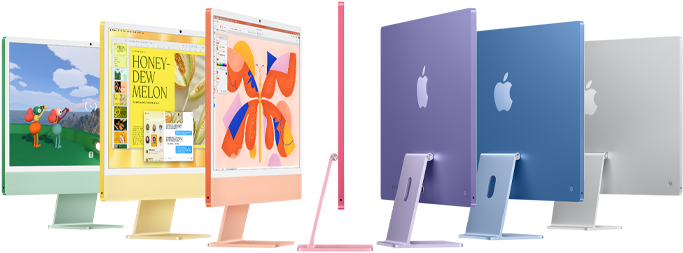 Seven iMac models in colors green, yellow, orange, pink, purple, blue, and silver, unfolding into an accordion arrangement