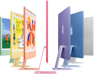 Seven iMac models in colors green, yellow, orange, pink, purple, blue, and silver, unfolding into an accordion arrangement