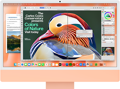iMac, front exterior, orange color, displaying image editing app with AI tools, and Mail app in the background