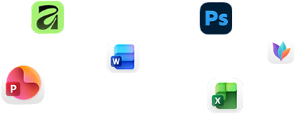 Various app icons floating on screen, including Microsoft Word, Adobe Photoshop, Canva, and Figma
