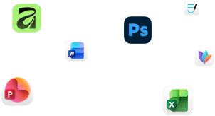 Various app icons floating on screen, including Microsoft Word, Adobe Photoshop, Canva, and Figma