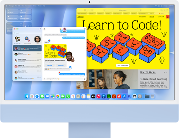 iMac, front exterior, blue color, displaying Messages app and a 'Learn to Code' website