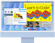 iMac, front exterior, blue color, displaying Messages app and a 'Learn to Code' website