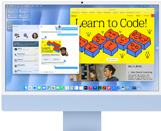 iMac, front exterior, blue color, displaying Messages app and a 'Learn to Code' website