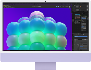 iMac, front exterior, purple color, displaying a colorful bubble structure in an image editing app