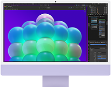 iMac, front exterior, purple color, displaying a colorful bubble structure in an image editing app