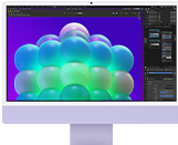 iMac, front exterior, purple color, displaying a colorful bubble structure in an image editing app
