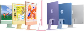 Seven iMac models in colors green, yellow, orange, pink, purple, blue, and silver, in an accordion arrangement