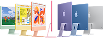 Seven iMac models in colors green, yellow, orange, pink, purple, blue, and silver, in an accordion arrangement