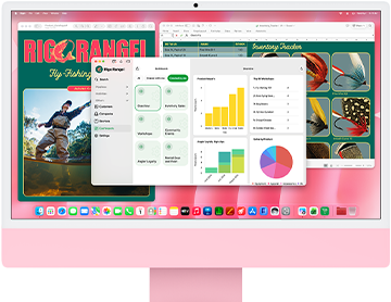 iMac, front exterior, pink color, screen displaying multiple open apps