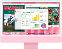 iMac, front exterior, pink color, screen displaying multiple open apps