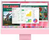 iMac, front exterior, pink color, screen displaying multiple open apps