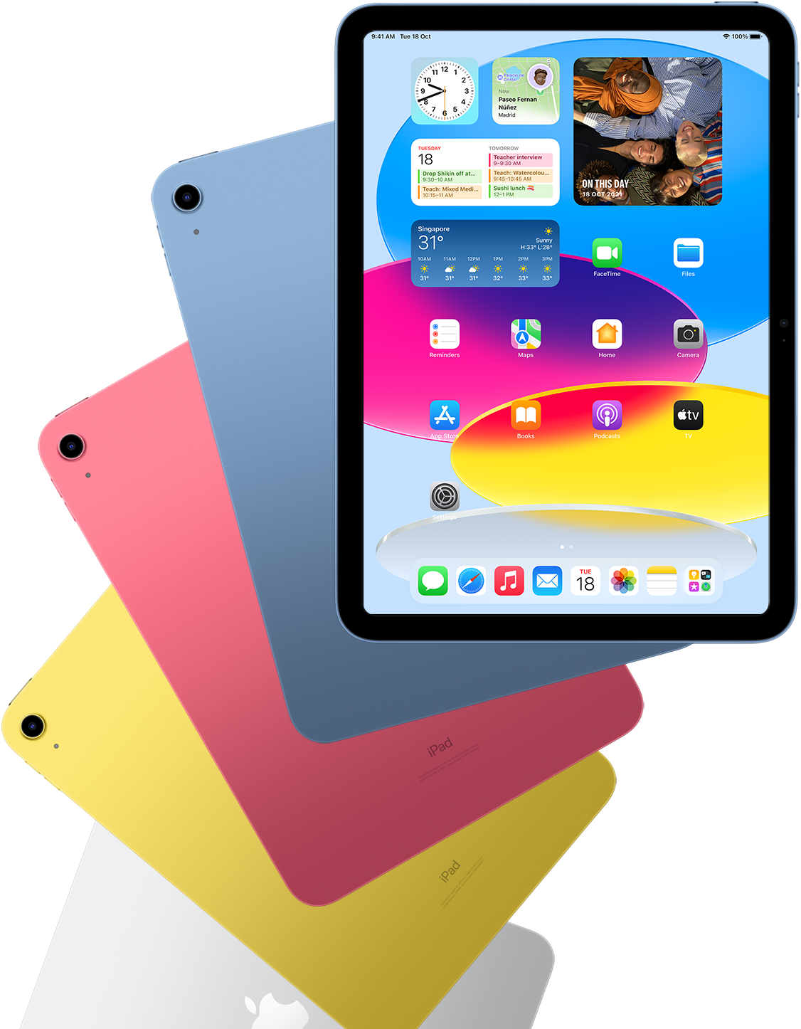 Front-view iPad shows home screen with blue, pink, yellow and silver rear‑facing iPads behind it.