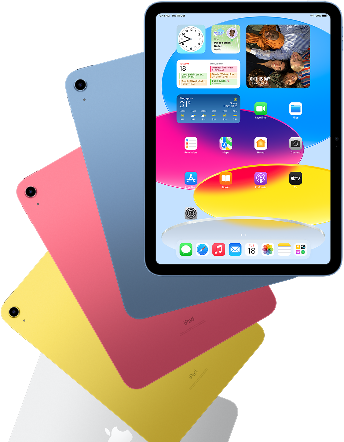 Front-view iPad shows home screen with blue, pink, yellow and silver rear‑facing iPads behind it.