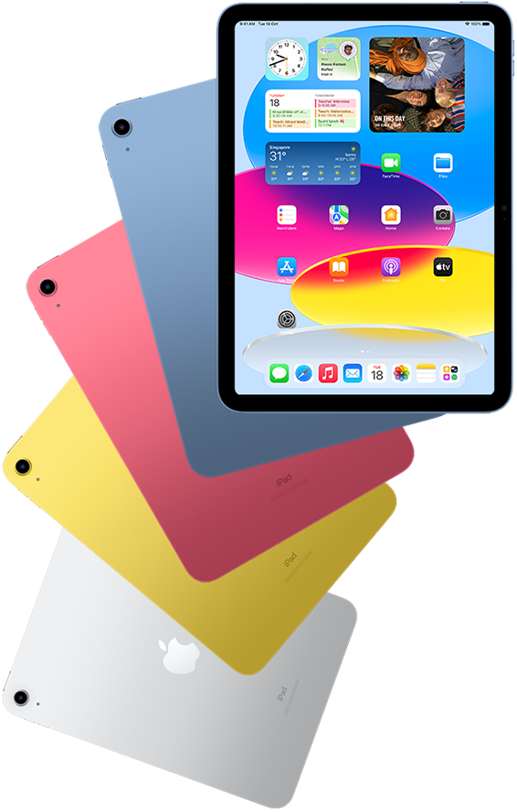 Front-view iPad shows home screen with blue, pink, yellow, and silver rear facing iPads behind it.