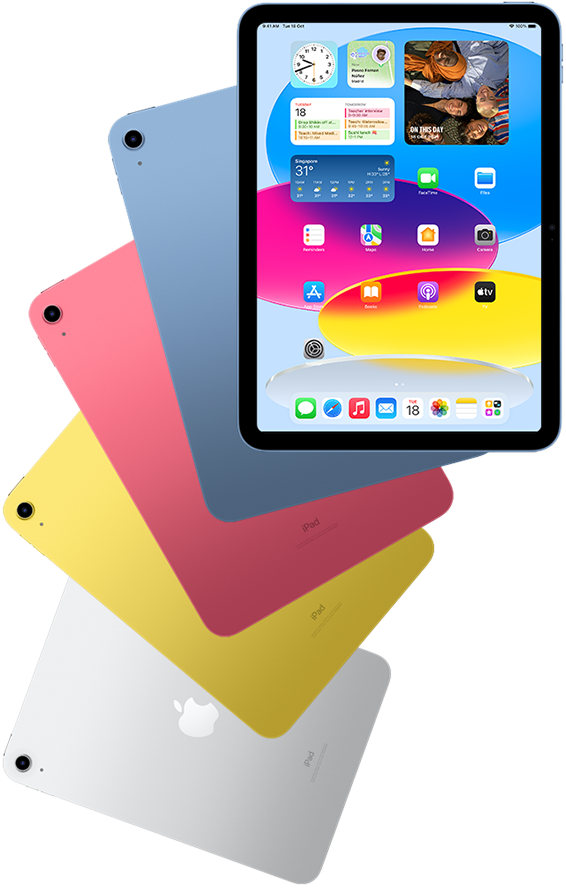 Front-view iPad shows home screen with blue, pink, yellow, and silver rear facing iPads behind it.