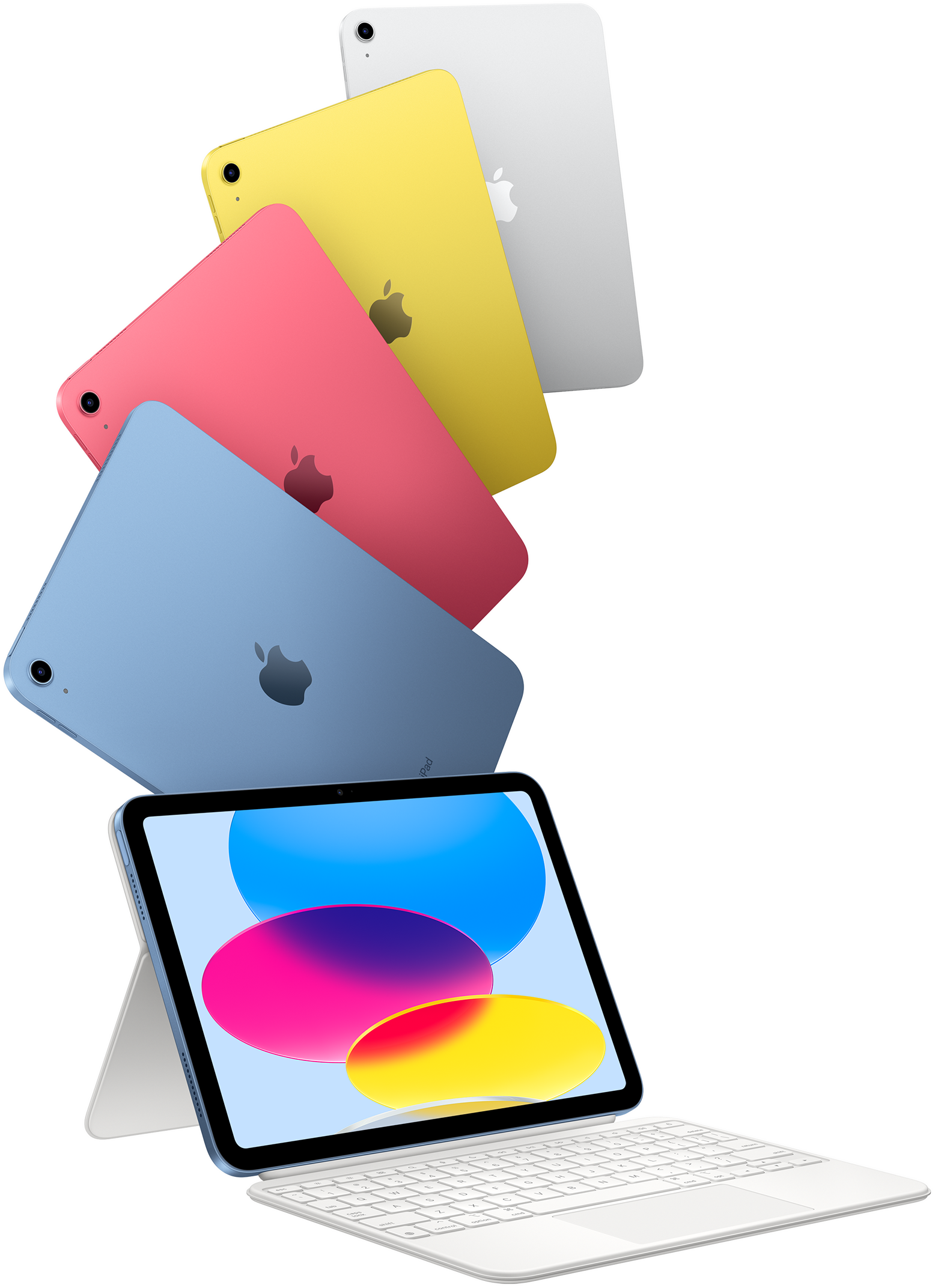 iPad in blue, pink, yellow and silver colours, and one iPad attached to the Magic Keyboard Folio.