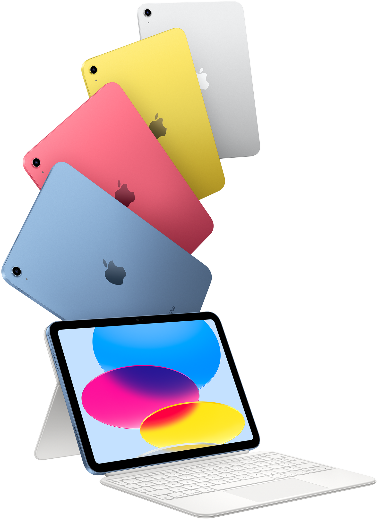 iPad in blue, pink, yellow and silver colours, and one iPad attached to the Magic Keyboard Folio.