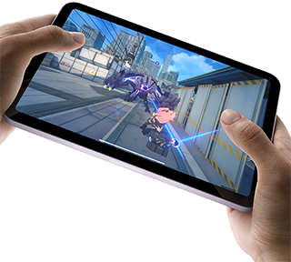 iPad mini held by a user’s hands in landscape view playing a graphically intense game