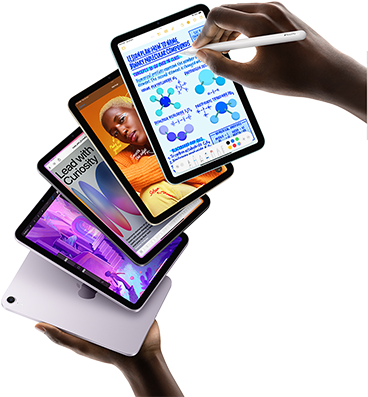 Five iPad mini models are shown in a fan formation held by a user’s hands. One model shows the back camera, the other four are front facing. Apple Pencil Pro is being used to take notes