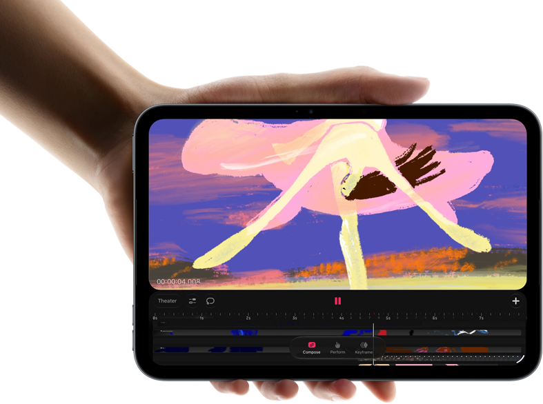 iPad mini, displayed in hand, front view, showing video editing interface with colorful clips, A20 Pro chip mentioned below