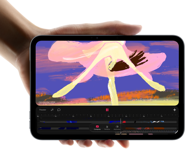 iPad mini, displayed in hand, front view, showing video editing interface with colorful clips, A20 Pro chip mentioned below