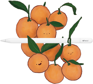 Image displays an Apple Pencil USB-C resting on a pile of oranges