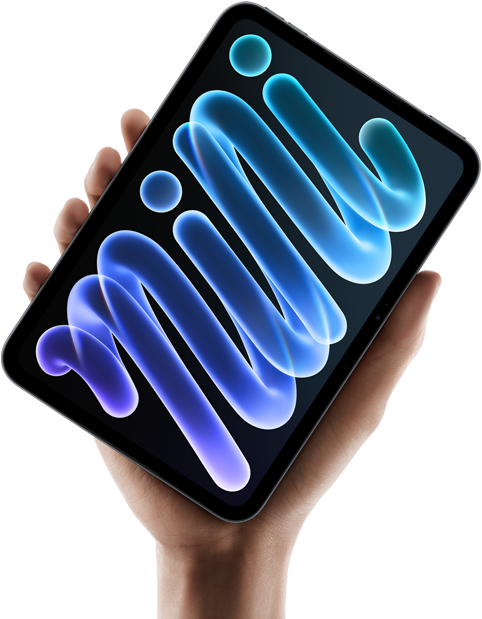 iPad mini, front view, held in hand, black enclosure, displaying blue and purple abstract shapes on screen