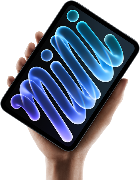 iPad mini, front view, held in hand, black enclosure, displaying blue and purple abstract shapes on screen