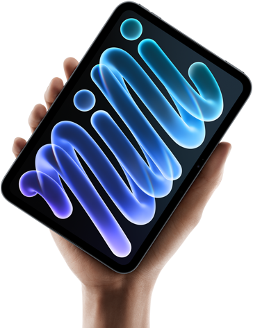 iPad mini, front view, held in hand, black enclosure, displaying blue and purple abstract shapes on screen
