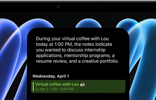 iPad mini, front view, displaying a notification about an upcoming meeting using the Siri AI summarize feature