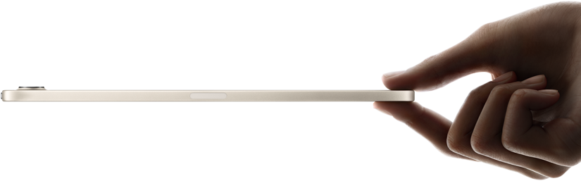iPad mini, held in hand, side view, thin and lightweight design